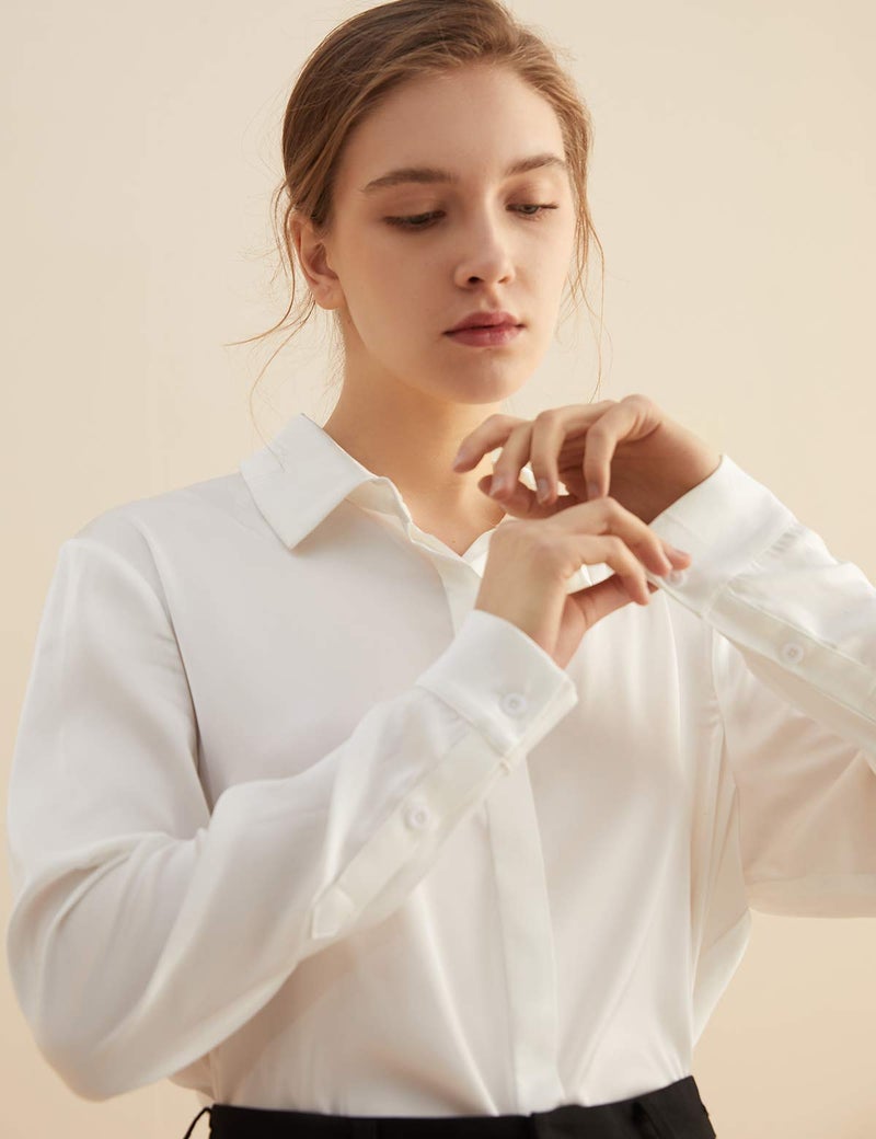 Escalier Women's Satin Silk Long Sleeve Button Down Shirt Casual Work Office Silky Blouse Top White S - Image 4